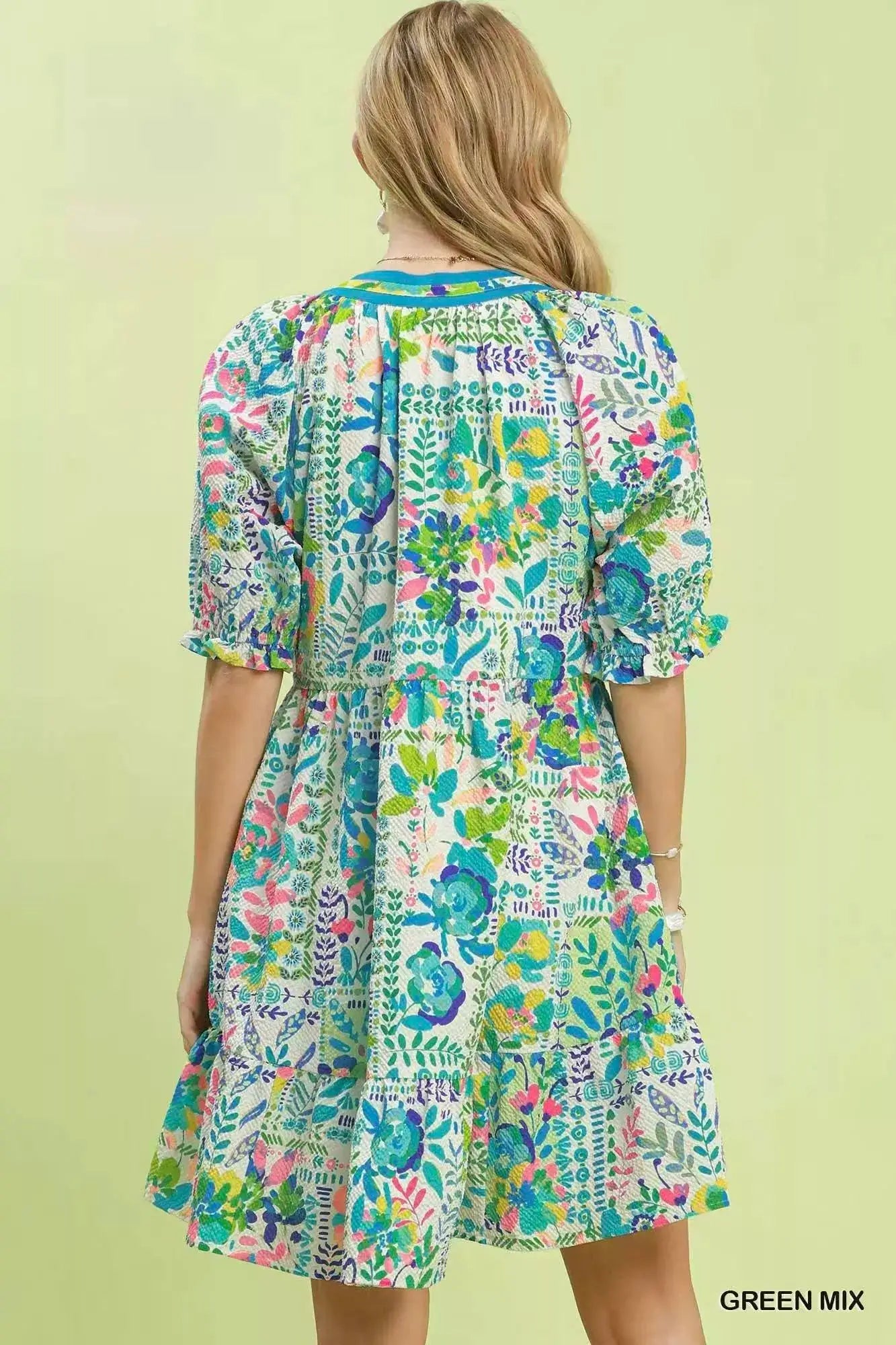 Umgee Mix Botanical Print Puff Sleeve Tiered Dress - Fritsch & Co.