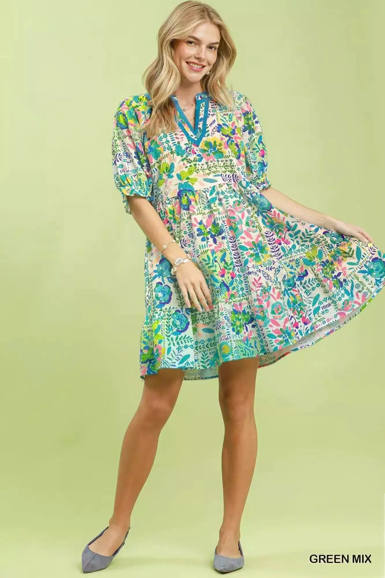 Umgee Mix Botanical Print Puff Sleeve Tiered Dress - Fritsch & Co.