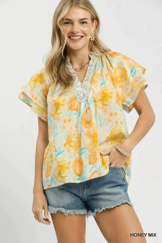 Umgee Mix Floral Print Blouse With Crochet Lace Trim - Fritsch & Co.