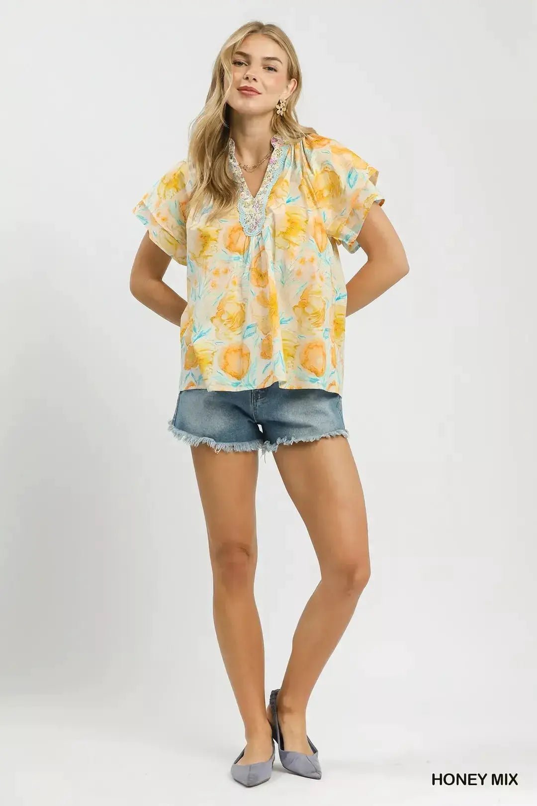 Umgee Mix Floral Print Blouse With Crochet Lace Trim - Fritsch & Co.
