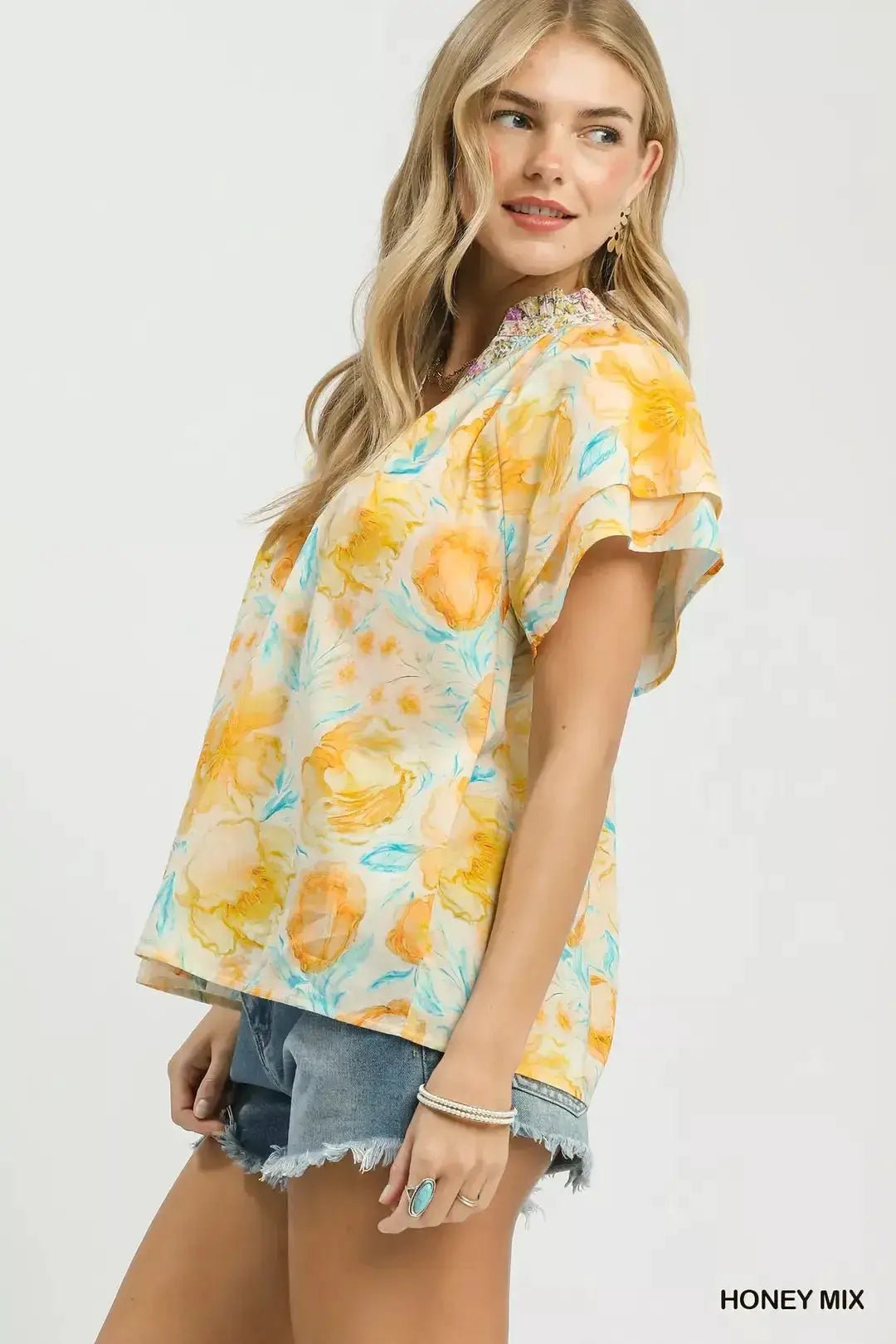 Umgee Mix Floral Print Blouse With Crochet Lace Trim - Fritsch & Co.