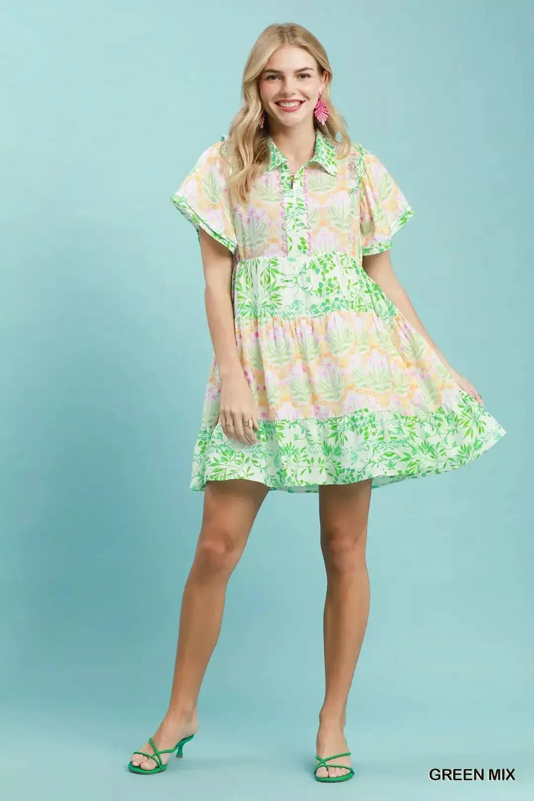 Umgee Mixed Floral Tiered Mini Dress with Flutter Sleeves - Fritsch & Co.