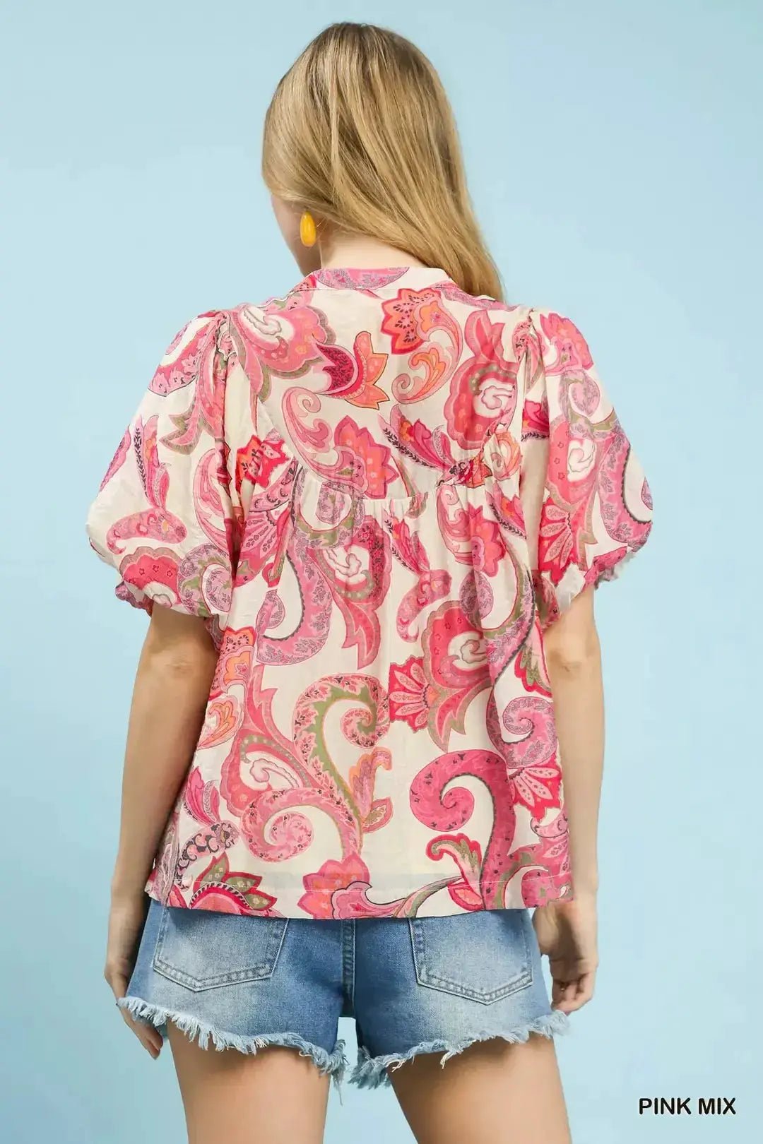 Umgee Mixed Paisley Print Peasant Top With Tie Neck Boho Blouse - Fritsch & Co.