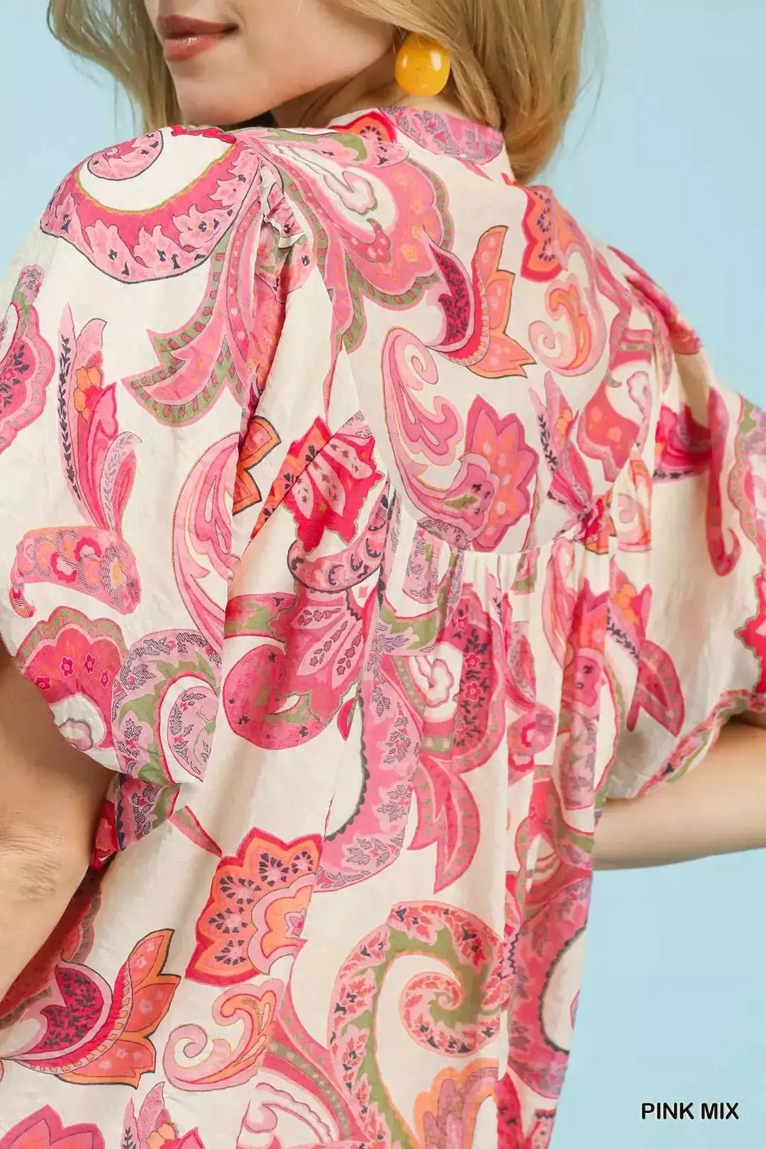 Umgee Mixed Paisley Print Peasant Top With Tie Neck Boho Blouse - Fritsch & Co.