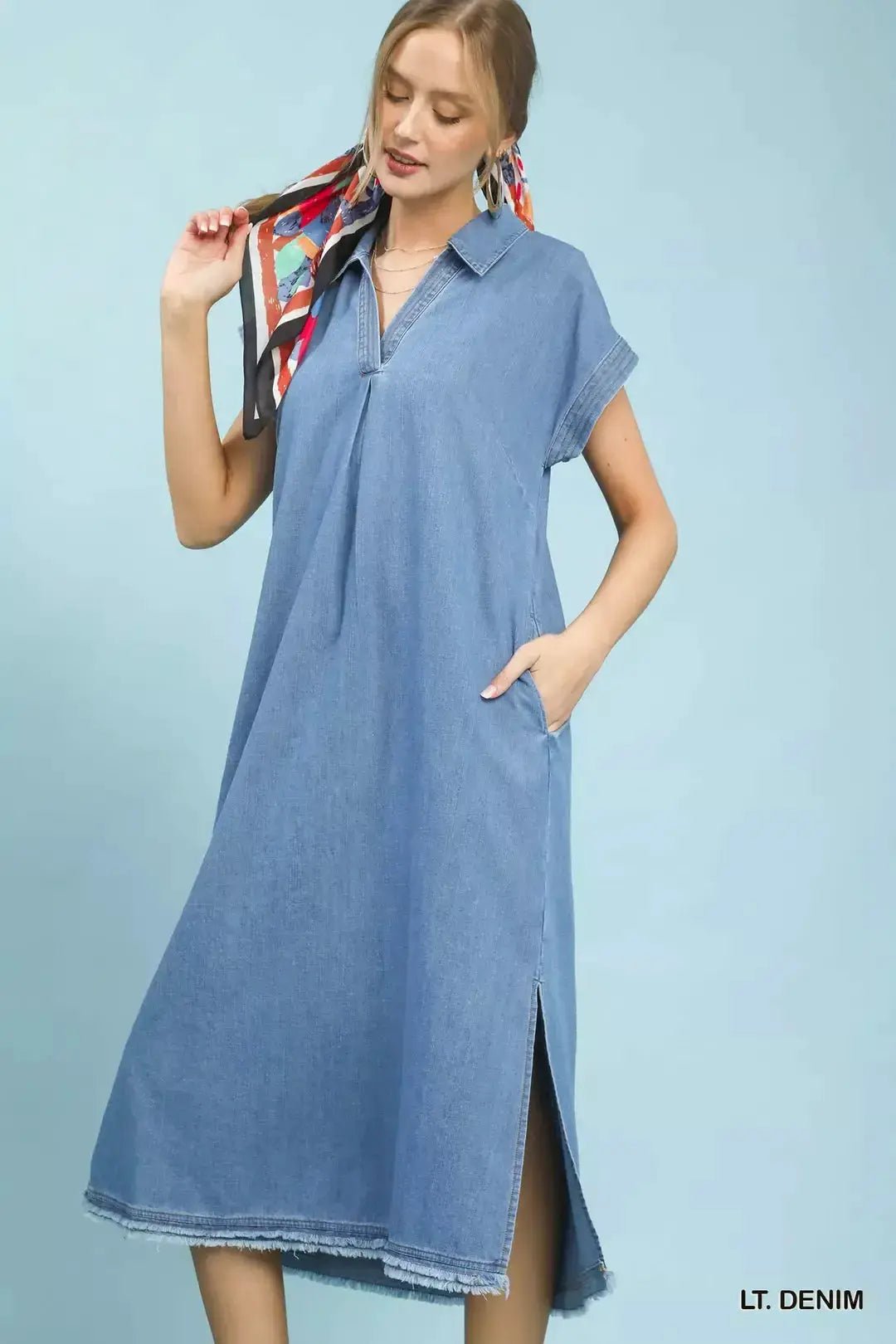 Umgee Stone Washed Collared Denim Midi Dress - Fritsch & Co.