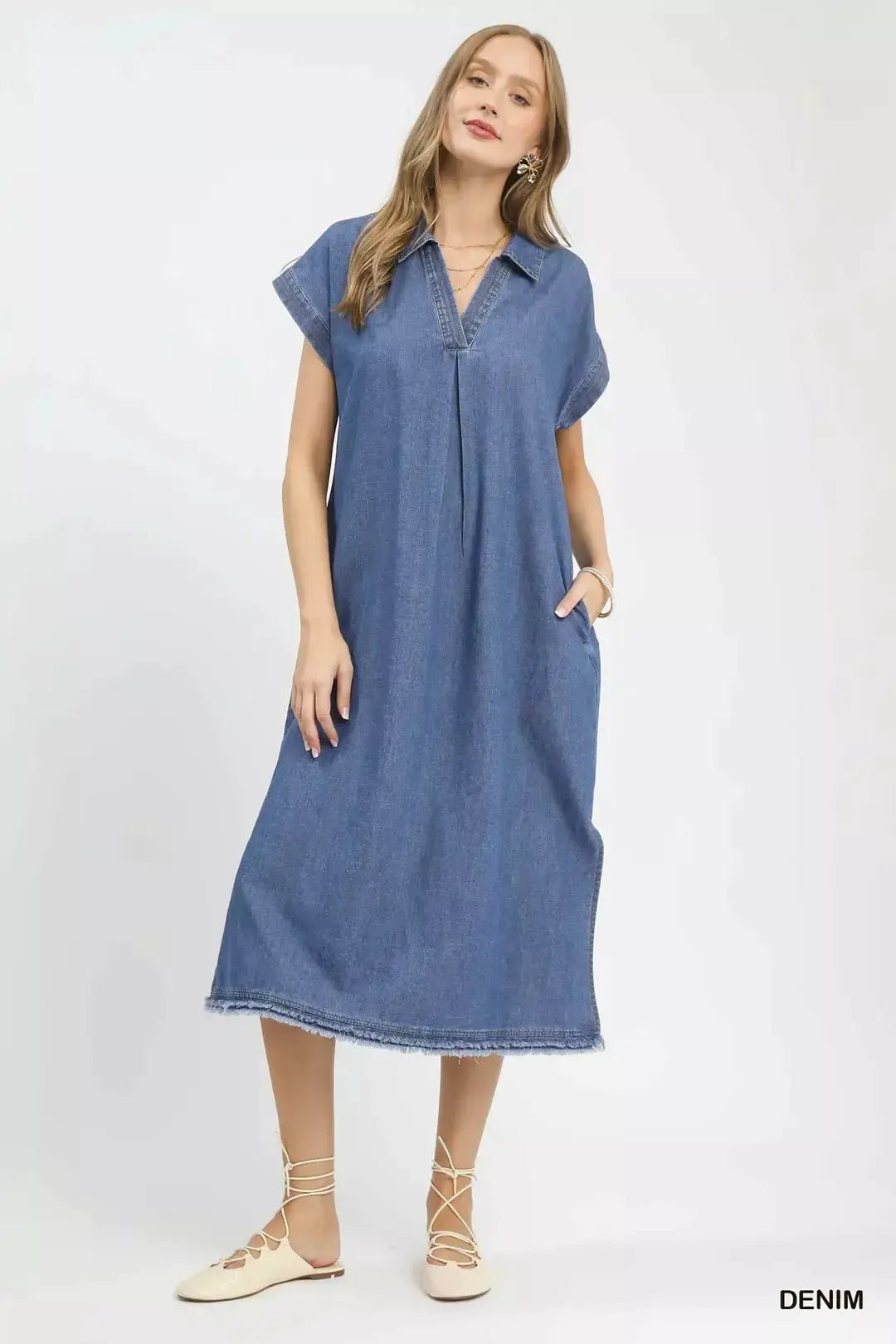 Umgee Stone Washed Collared Denim Midi Dress - Fritsch & Co.