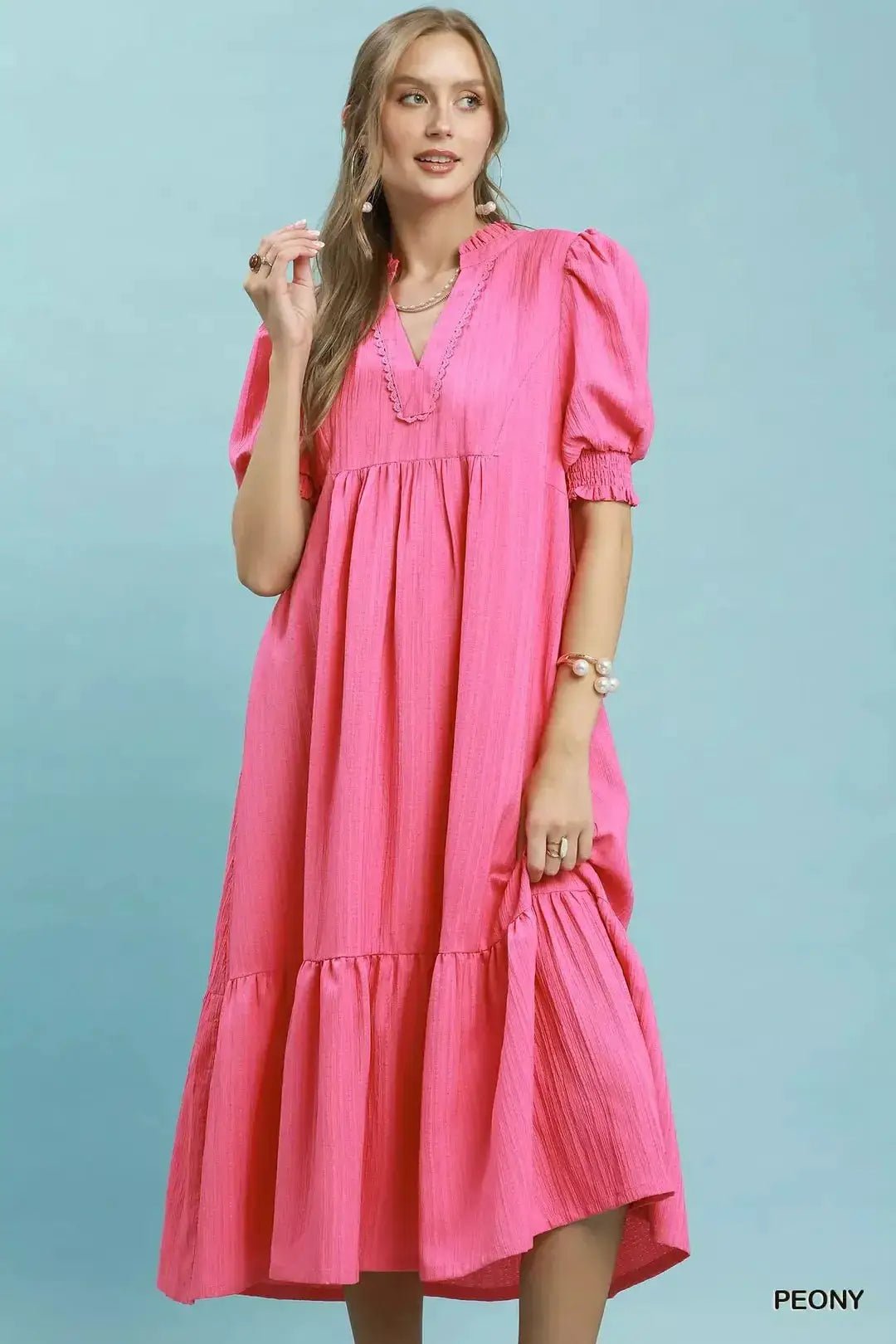 Umgee Textured Puff Sleeve Midi Dress - Fritsch & Co.