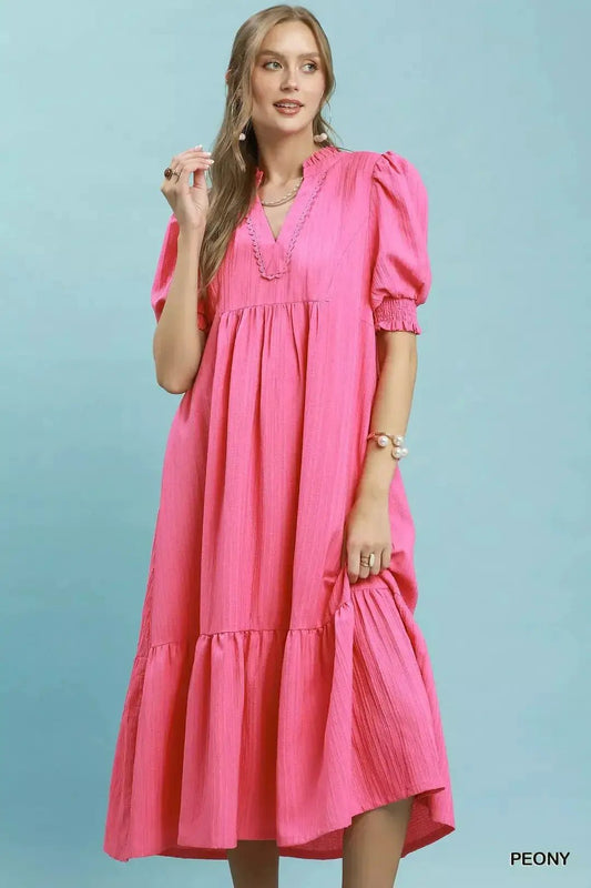 Umgee Textured Puff Sleeve Midi Dress - Fritsch & Co.
