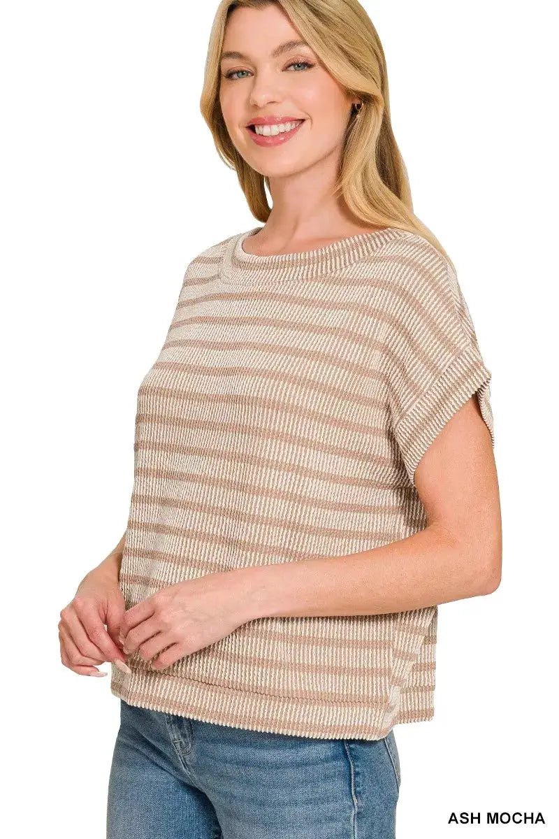 Zenana Raised Rib Stripe Knit Top For Women Soft Comfortable Casual Tee - Fritsch & Co.