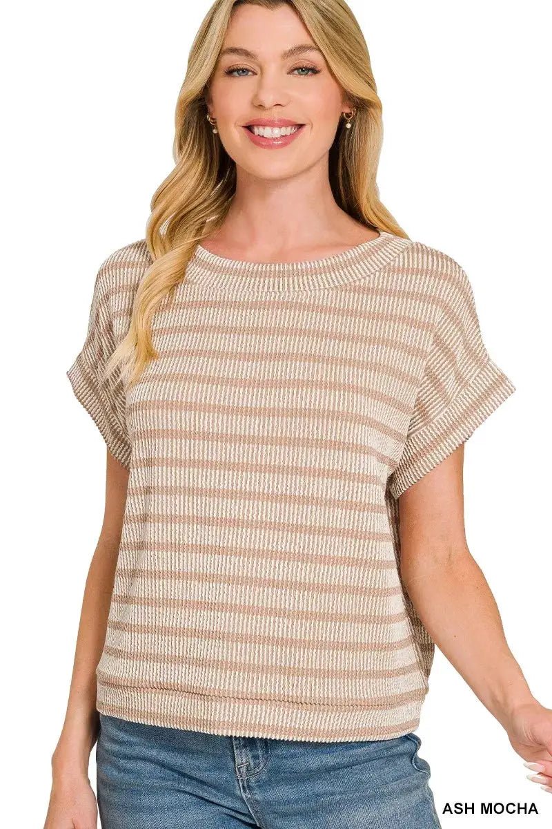 Zenana Raised Rib Stripe Knit Top For Women Soft Comfortable Casual Tee - Fritsch & Co.