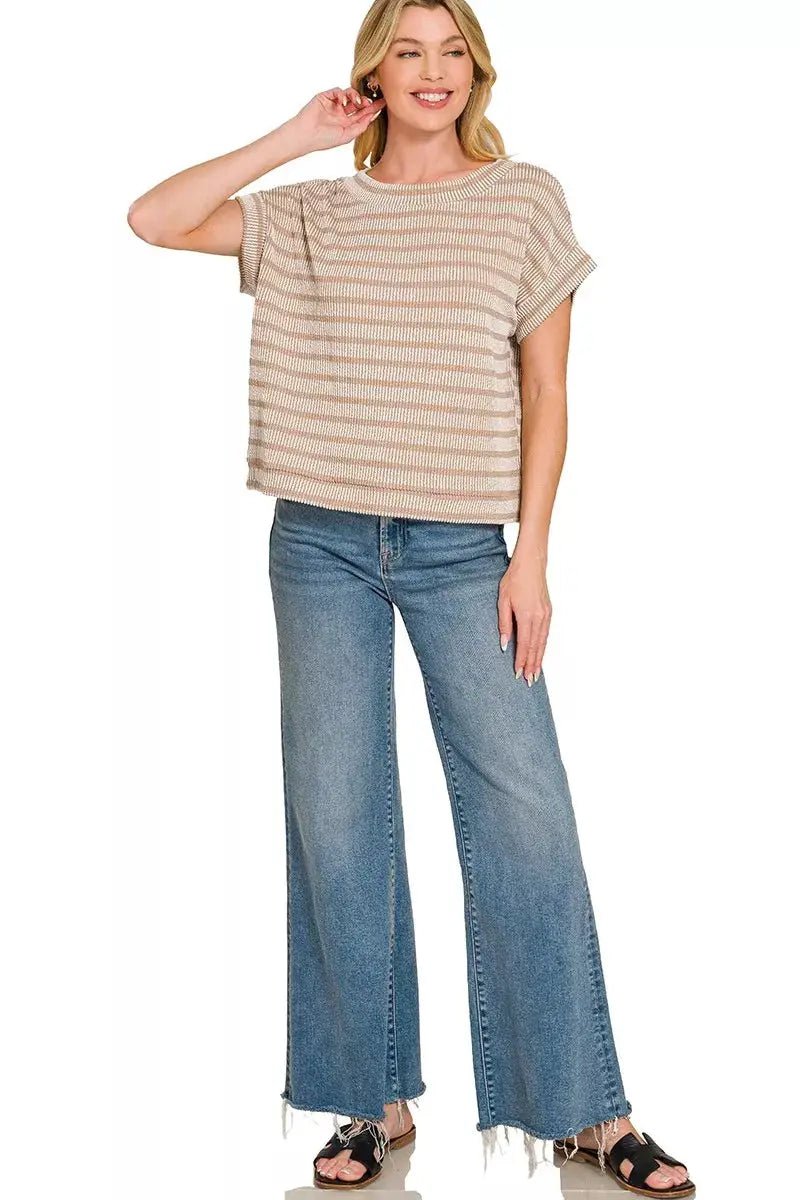 Zenana Raised Rib Stripe Knit Top For Women Soft Comfortable Casual Tee - Fritsch & Co.