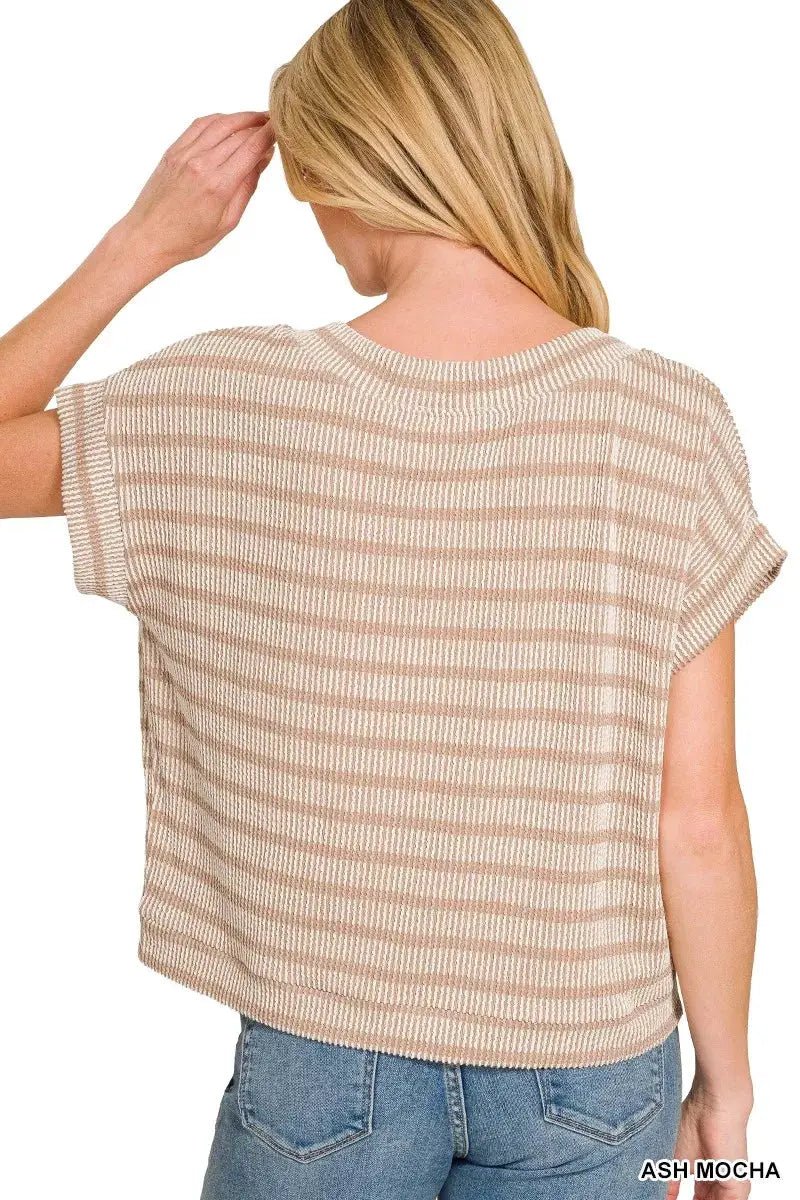 Zenana Raised Rib Stripe Knit Top For Women Soft Comfortable Casual Tee - Fritsch & Co.