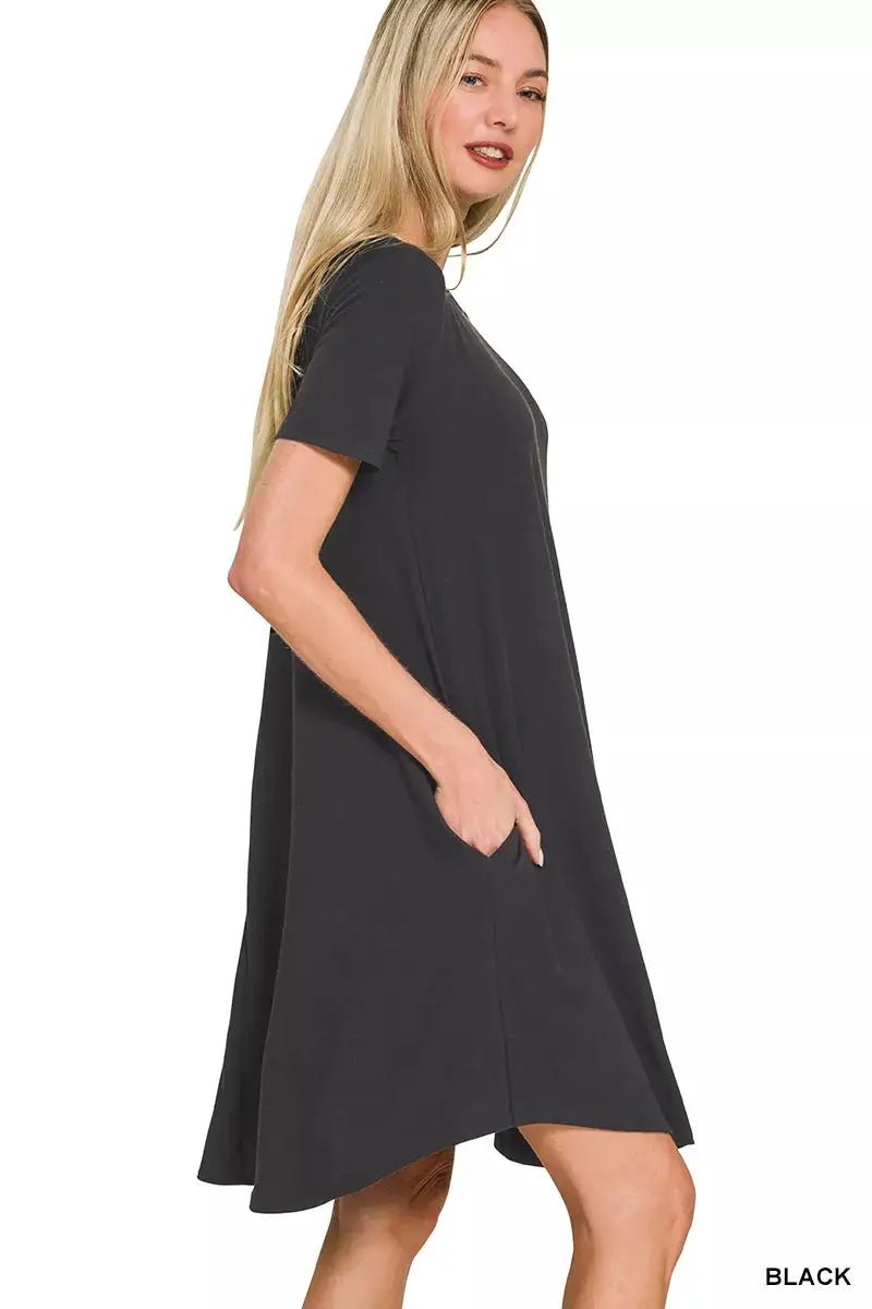 Zenana Short Sleeve Round Hem A - Line Dress with Side Pockets - Fritsch & Co.
