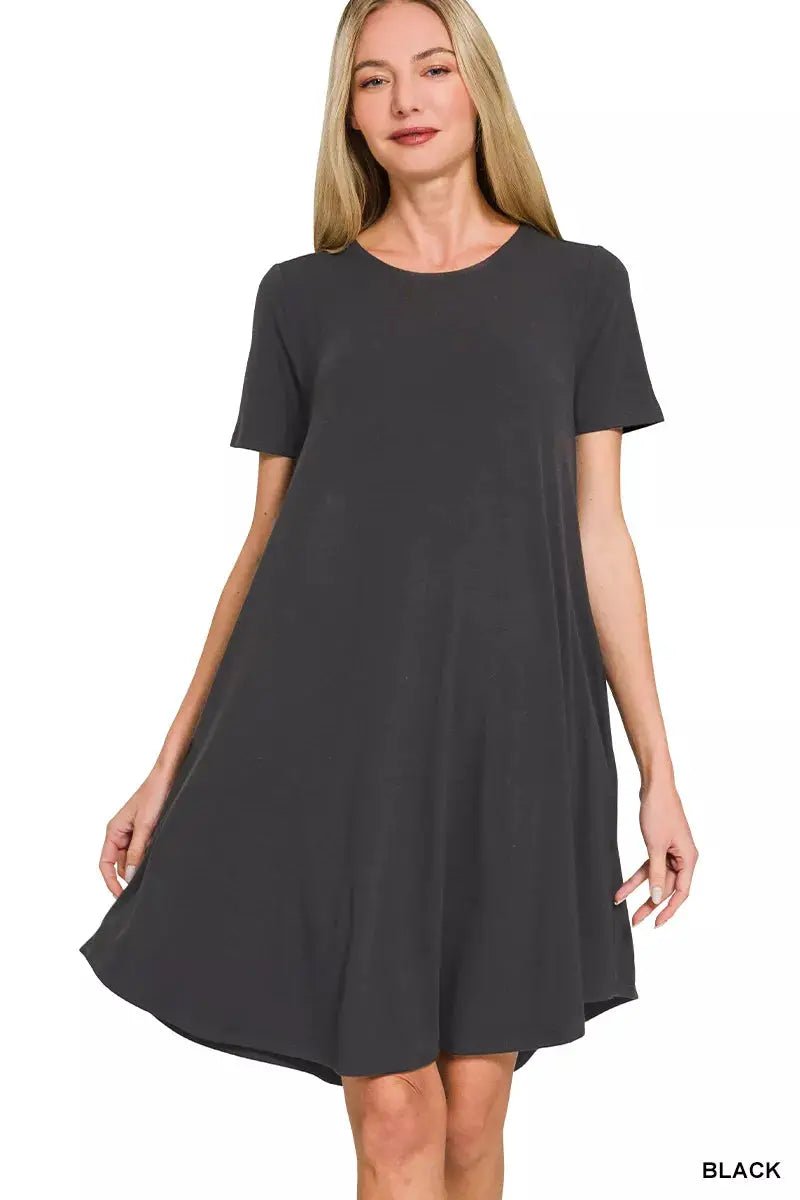 Zenana Short Sleeve Round Hem A - Line Dress with Side Pockets - Fritsch & Co.