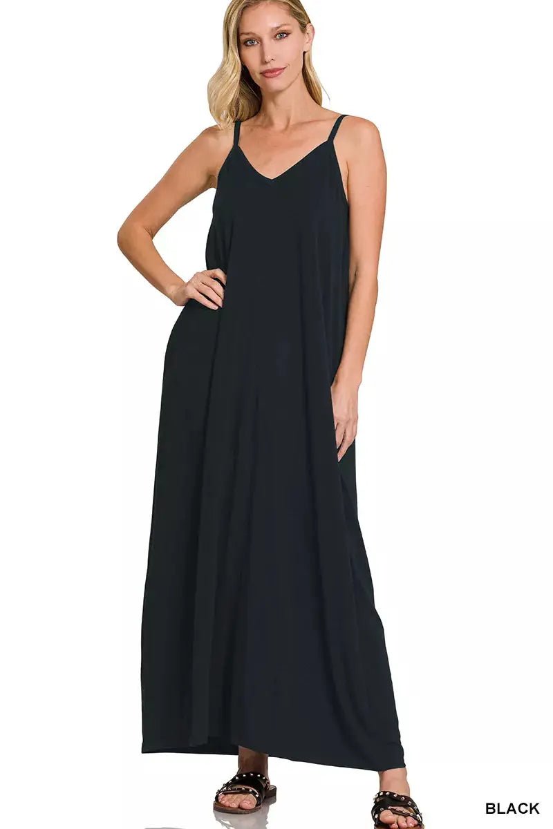 Zenana V - Neck Cami Maxi Dress with Side Pockets - Fritsch & Co.